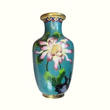 Vintage Cloisonné Vase Pink & White Chrysanthemums Gold Accents Floral Enamel  picture