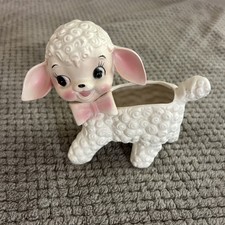 Vintage Ceramic Baby Lamb Sheep Planter With Pink Highlights and Bow Japan picture