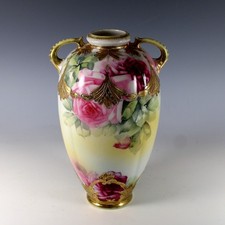 Antique Nippon Hand Painted Moriage Maple Leaf Mark Gold Floral Vase 10.5” Japan picture