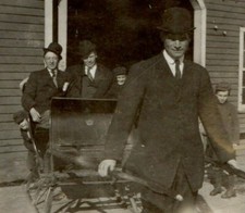 Men Boys Snow Sled Sleigh rickshaw Top hats Suits Tie B&W RPPC Vintage Builders picture