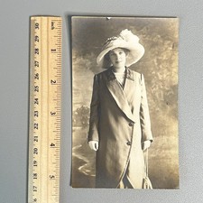 Vtg 1910s RPPC Real Photo Postcard Woman Merry Widow Hat Edwardian Fashion Coat picture