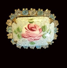 Vintage Hand-painted Enamel Little Pink Rose Brooch GoldTone  Rhinestone Border  picture