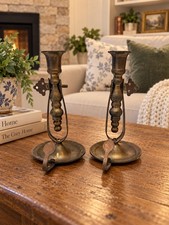 Pair Antique Brass Gimbal Swivel Nautical Ships Chamberstick Candle Holders  picture