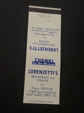 Vintage Illinois Matchbook “Lorenzetti’s Restaurant” East Hazel Crest picture
