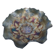 Antique Fenton Carnival Blue Ruffled Glass Bowl picture