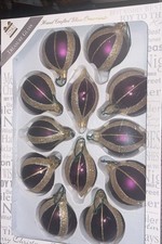 Vintage Unique Treasures Hand Lacquered Glass Ornament Set Of 12 Purple & Gold picture