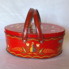 Vintage Red Metal Tin Basket Pennsylvania Dutch Folk Art Oval Picnic Box Storage picture