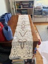 Creamy ecru beautiful vintage floral filet lace table runner 12.5