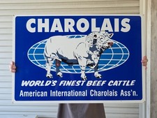 LARGE VINTAGE CHAROLAIS WORLDS FINEST BEEF PORCELAIN SIGN CAR GAS OIL 30