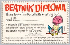Vintage 1959 BEATNIK DIPLOMA Humorous Postcard Kookie Gasser Hippie Bongos UNP picture