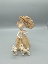 Vtg Arnart Creation Porcelain Lady Cream Lace Skirt Parasol Chained Poodles picture