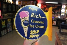 RARE 1950s CRESCENT ICE CREAM PAINTED METAL 2-SIDED FLANGE SIGN MILK DIARY COW picture