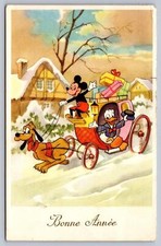 1955 Walt Disney postcard BONNE ANNEE Donald, Mickey, Pluto pulls carriage picture