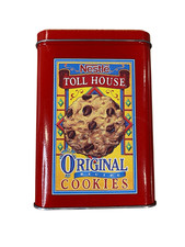 Nestle Toll House Cookie Tin Red Metal Storage Container Vintage Kitchen Decor picture