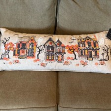 Cynthia Rowley Embroidered Halloween Village Lumbar Pillow NWT boho 34 x 12