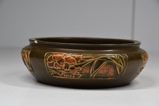 Vintage Roseville Rosecraft Brown Floral Flower Panel Bowl Brown Country Pottery picture
