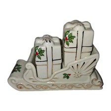 Holly Collection Christmas Salt And Pepper Shakers Porcelain Sleigh Gold/White picture