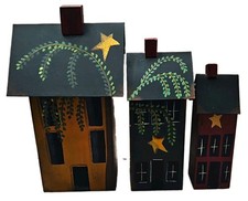 Hand-Painted Rustic/Primitive Wood House Figurines Set of 3 Black/Tan/Burgundy picture
