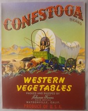 ORIGINAL VINTAGE CRATE LABEL CONESTOGA COVERED WAGON WATSONVILLE WESTERN picture
