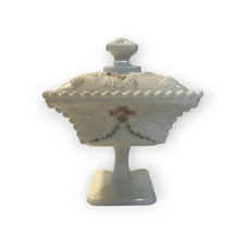 Vintage Westmoreland Milk Glass Covered candy dish pedestal Floral design picture