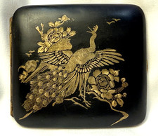ANTIQUE JAPANESE DAMASCENE CIGARETTE CASE PEACOCK GOLD SILVER INLAY c1930s picture