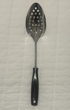 Slotted Serving Spoon Chrome Vintage Black Handle Square Holes  11-1/2