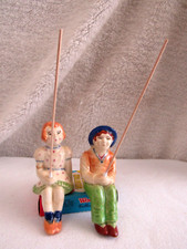 2 Ceramic Shelf Sitter Young Boy & Girl Fishing Hand Painted 4.5