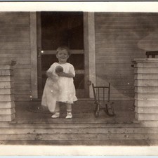 c1920s Cute Toddler Girl Holding Doll Porch 6