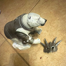 Ceramic Bear Figurine White/Silver Matte Finish w/ Silver Armor, Removable Claw picture