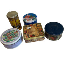 Lot 5 Vintage Tin Containers Christmas Coffee Angel Farmhouse Fruit Storage Deco picture
