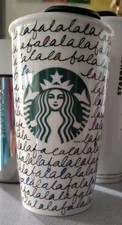 Starbucks Fa La La Holiday 2011 Travel Tumbler Coffee Mug 12 oz Ceramic w/ Lid picture