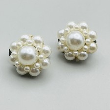 VTG Clip-On Earrings  White Pearl Cluster Button Silver Tone  .75