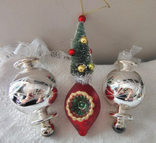 2 Etched Mercury Glass Silver Finial Style & 1 Tree Indent Christmas Ornaments picture