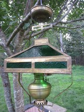ANTIQUE OIL LAMP CHANDELIER EMERALD GREEN KEROSENE HANGING LANTERN W/ ELEVATOR picture