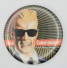 Vintage 1986 Max Headroom Im a CokeOlogist Coca Cola Advertising Pinback Button picture