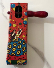 VTG U.S. Metal Toy Tin Litho Ratchet Noisemaker WORKING Wood Handle circa 40-50s picture