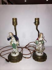 Pair Antique Porcelain Figural Lady & Man Lamp Brass Pedestal Base Both Work picture