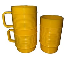 Vtg 70s Lot Rubbermaid Yellow Ribbed 2 Plastic Mugs 1 Cup Stackable Coffee Cups picture