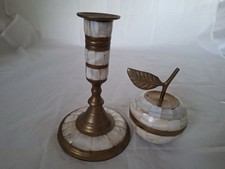 Vintage Set Brass Mother of Pearl Apple Tin Candlesticks Handmade Decor picture