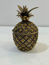 VTG Enamel Pineapple Hinged & Magnetic Trinket Box & Amber Rhinestones Appr 4.25 picture