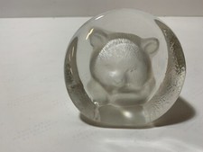 Vintage Zajecar Heavy 24% Lead Crystal Glass Cat Paperweight Etched Decor Figure picture