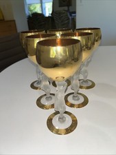 Vtg Bayel  France Bacchante 6 Gold Bowl Frosted Figural Stem 6.75” Wine Glasses picture