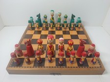 Vintage Wood Hand Painted Russian Matryoshka Babushka Doll Chess Set Of 32 Pcs picture