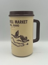 Vintage 80’s Whirley Travel Coffee Mug Lake Lowell Market Caldwell Idaho Trout picture