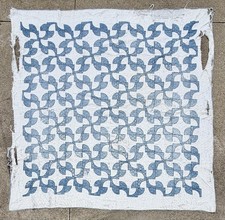 Vintage Antique Hand Stitched Drunkards Path Quilt Blue & White 76x76” CUTTER picture