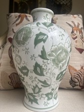 Vintage Green & White Porcelain Floral Chinoiserie Design Hand Painted  Vase. picture