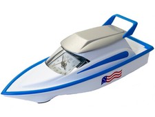 XANADU: DESK TOP WHITE/BLUE METAL MINIATURE BOAT ANALOG ALARM QUARTZ MINI CLOCK picture