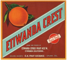 ORANGE CRATE LABEL ETIWANDA CREST UPLAND CALIFORNIA  SAN BERNARDINO C1930 NICE picture