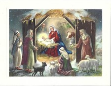 VTG CHRISTMAS CARD 5.5X4.25 NATIVITY SCENE MARY JOSEPH BABY JESUS SHEPHERDS LAMB picture