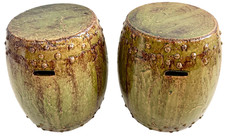 Late 20th-C Chinese Ming Style Glazed Heavy Ceramic Garden Drum Stool, a Pair picture